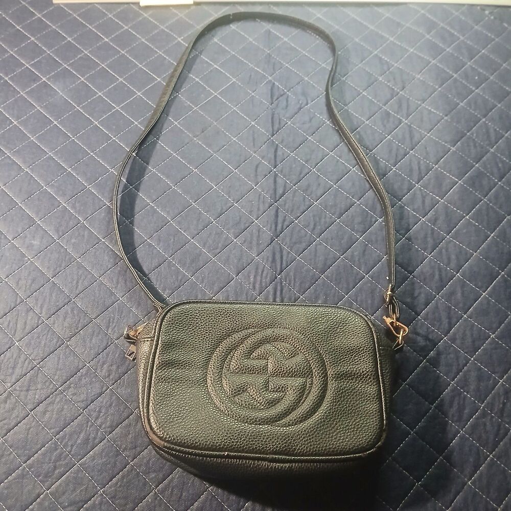 Black Pebbled Crossbody Zip Bag Tassel Logo Gold Hardware Small
